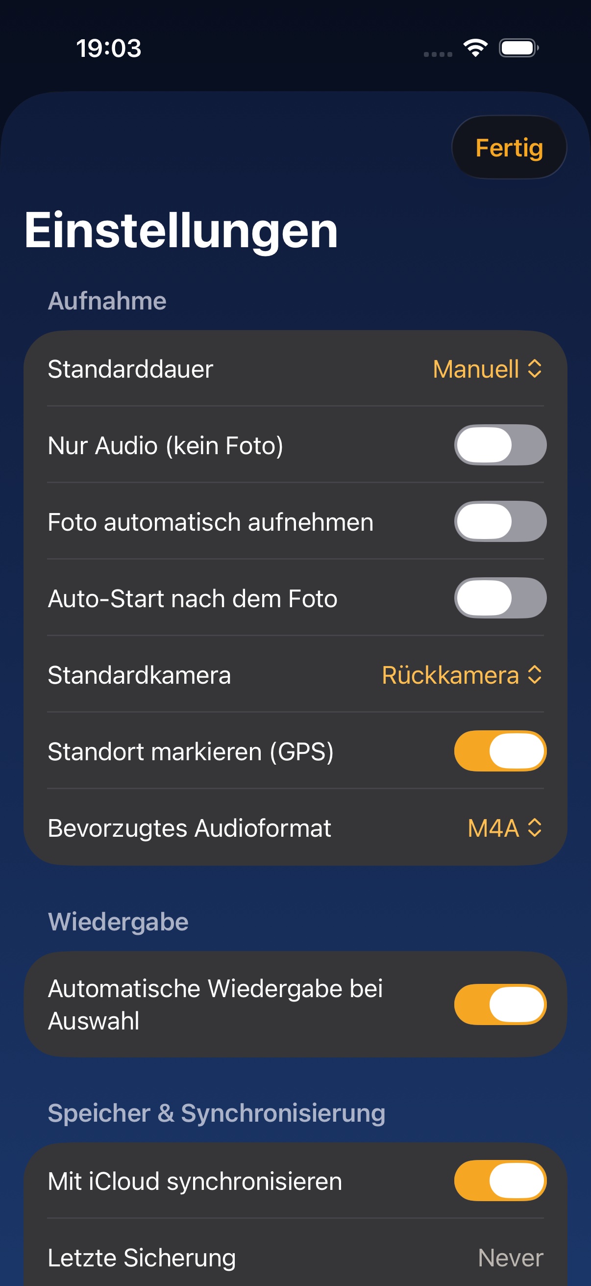 Einstellungen — Aufnahme-Voreinstellungen