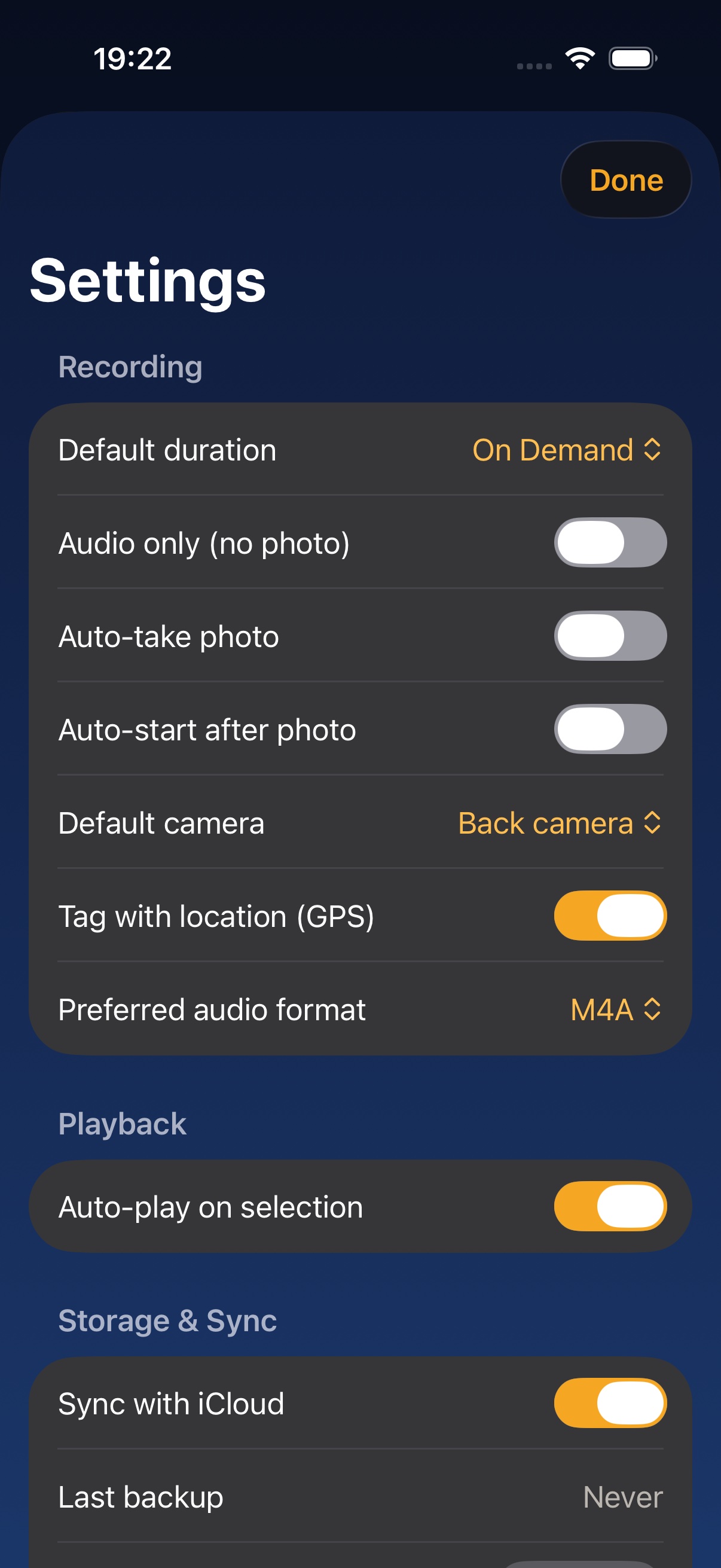 Settings — recording defaults