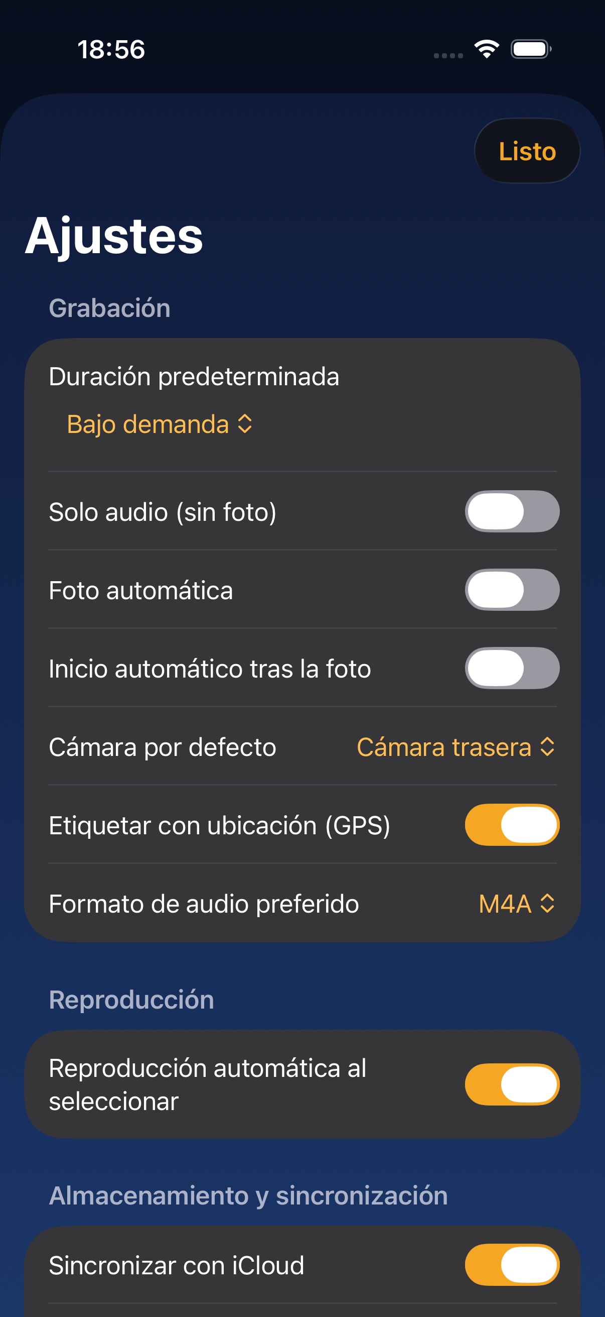 Ajustes — preferencias de grabación
