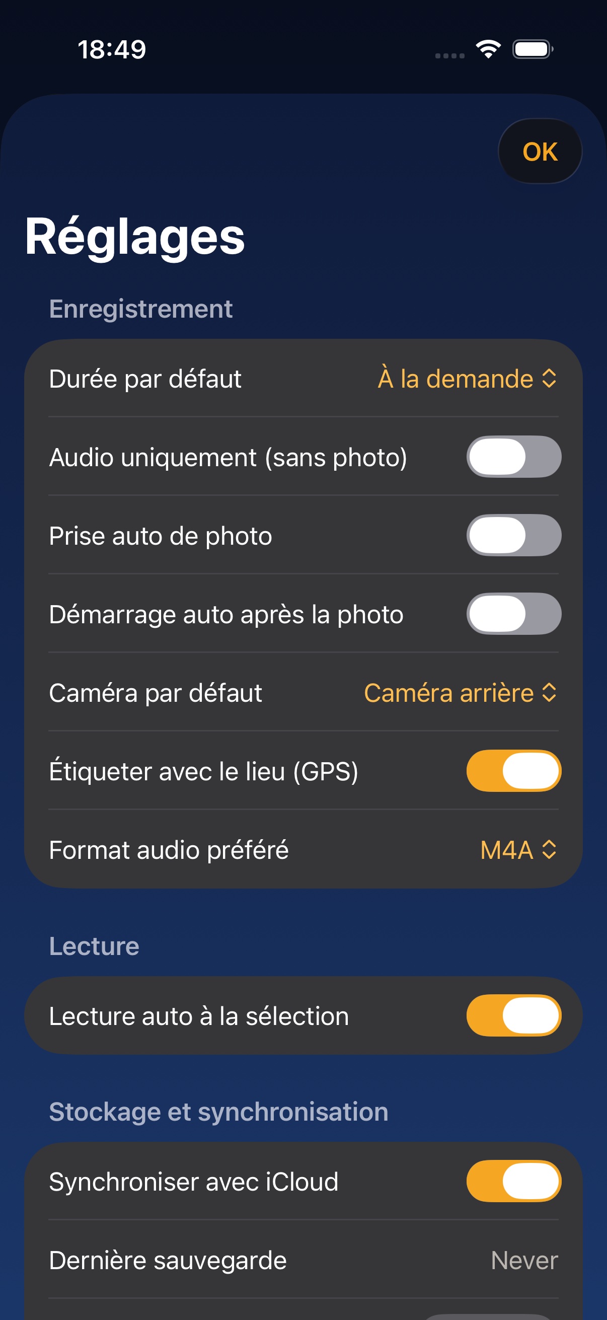 Réglages — préférences d'enregistrement