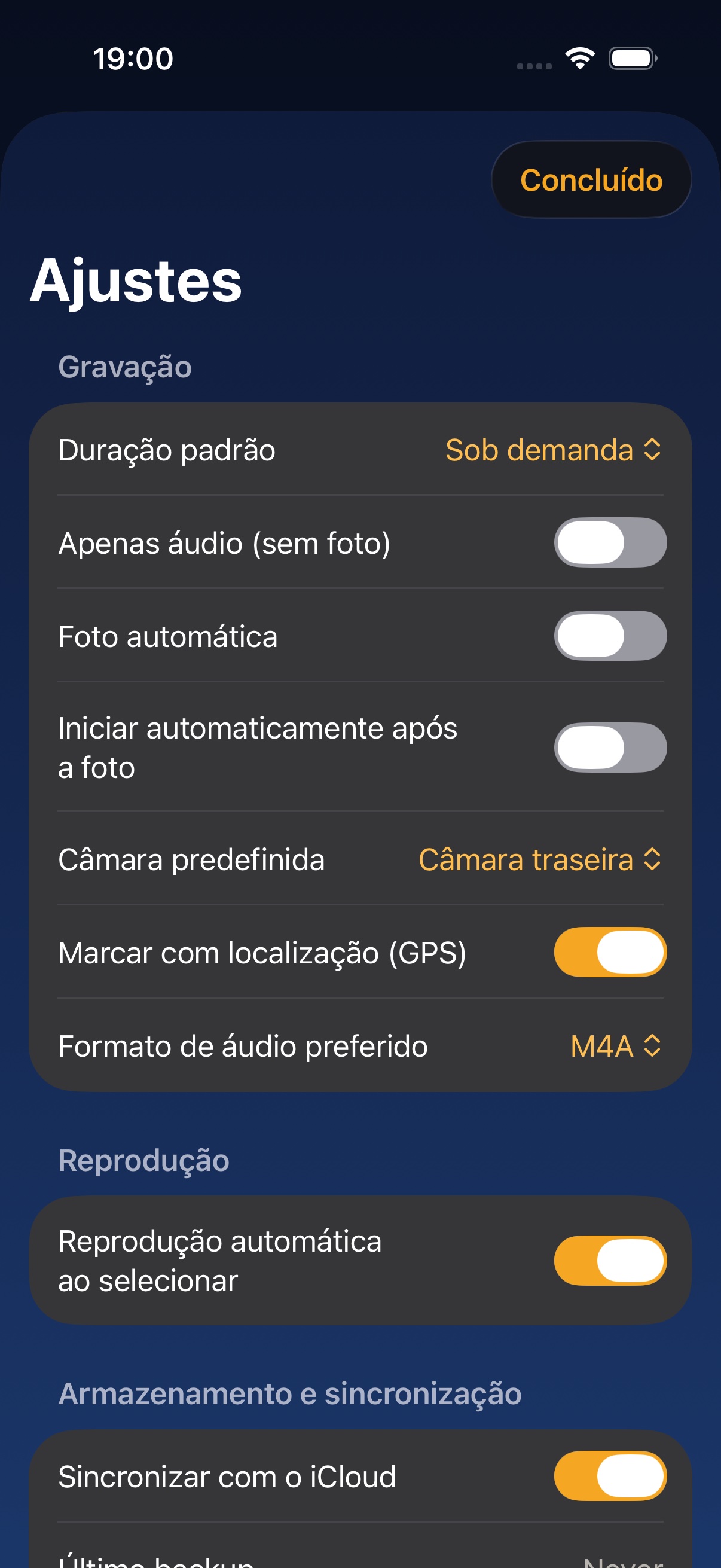 Ajustes — preferências de gravação