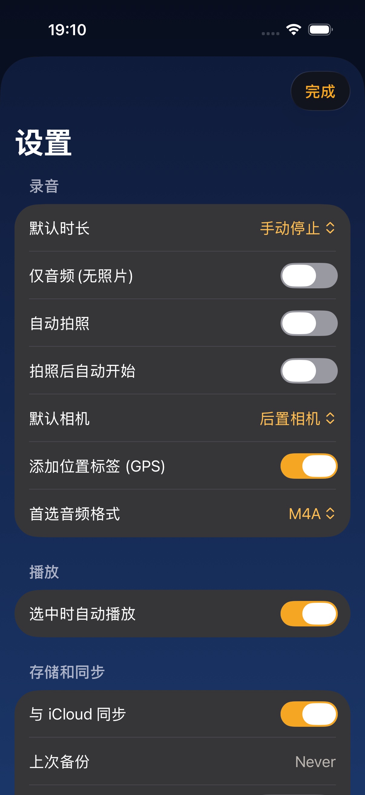 设置 — 录音默认值